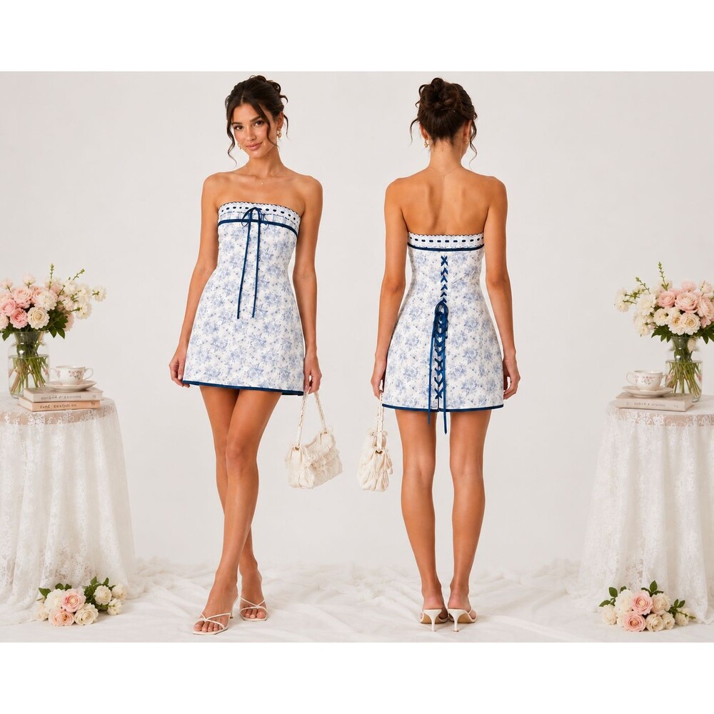 With Jéan Sabrin Mini Dress S Blue White Toile Papillon Lace Corset Strapless